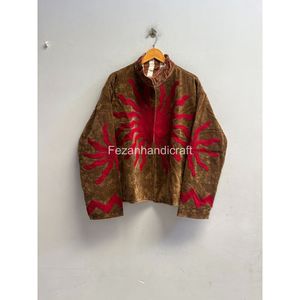 Veste en velours à col mandarin, manches longues, broderie rouge, motif géométrique, vêtements d'hiver pour femmes, manteau, style bohème chic - Product Image 1