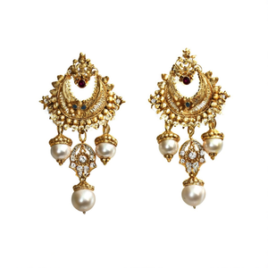 Vintage Gold Plated Chandelier Drop Earrings with Jade Pearl and Diamond - Product Image 2