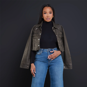 Women's PU <b>Leather</b> Moto Jacket Stand Collar Full Sleeve <b>Short</b> Cropped Biker Style Solid Color Autumn Wear - Product Image 6