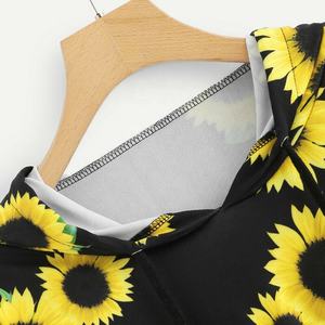 Women's Sublimation Cropped Hoodie Black <b>Sunflower</b> Print Long Sleeve Casual Knitted Breathable Summer Floral Hooded Sweatshirt - Product Image 6