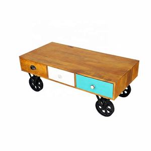 Handcrafted Industrial Solid Mango Wood <b>Coffee</b> <b>Table</b> Multi Colored Storage Drawers Vintage Iron Wheels Foldable Movable Living - Product Image 4