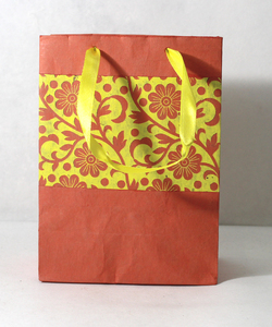 Handmade Recycled Cotton <b>Art</b> Paper Bag with Ink Print All Around Matching Satin Ribbon Handles for Festivals and Gifts - Product Image 1