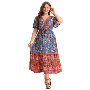 Kunden spezifische Damen Plus Size Damen Kurzarm Rüschen Kordel zug Layered Patchwork V-Ausschnitt Flora Kleid OEM Hersteller