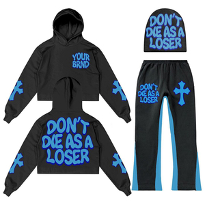 Conjuntos de sudadera y pantalón de chándal acampanados personalizados de invierno de alto gramaje con MOQ bajo (10 unidades) para hombre, con estampado en relieve y pantalón jogger apilado - Product Image 1