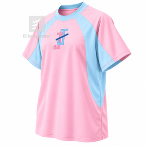 เสื้อยืดแร็กแลนระบายอากาศได้ดี คัสตอม แจ็คแอนด์จิล ออฟ อเมริกา พร้อมโลโก้ปักด้านหน้า สีฟ้าชมพู แขนสั้นลำลองสำหรับผู้หญิง - Product Image 2