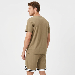 Conjunto de Camiseta y Pantalones Cortos de Algodón de Color Sólido para Hombre, con Ribete en Contraste en la Parte Delantera, Corte Regular, Estilo Casual, Cuello Redondo, Manga Corta, Tejido de Punto, 180g - Product Image 2