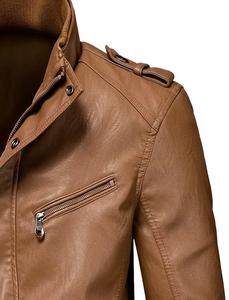 Unisex <b>Brown</b> Genuine <b>Leather</b> Motorcycle <b>Jacket</b> Front Stand Collar Zipper Closure Slim Fit Casual Autumn Style Regular Sleeve - Product Image 3