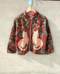 Handmade Red <b>Velvet</b> Embroidered Suzani <b>Jacket</b> With Cat Pattern Full Sleeve Stand Collar Bohemian <b>Women's</b> Autumn Outerwear - Product Image 1