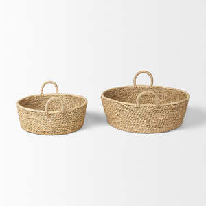 Set of 2 Handmade Seagrass Floor <b>Baskets</b> with Flat Handles Natural <b>Woven</b> Textured Storage KingCraftViet - Product Image 3