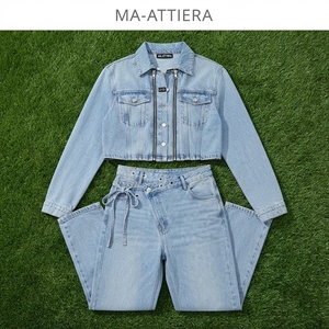 Women Light Blue Denim Jacket And Jeans Set Cropped Zip Jacket High Waist Straight Leg Two Piece <b>Streetwear</b> Outfit - Product Image 5