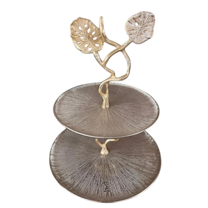 Plateau de service en métal argenté à 2 niveaux avec motif de feuilles anciennes, idéal pour la présentation de bonbons et desserts, excellent prix. - Product Image 6