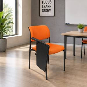 Chaise de bureau moderne multifonctionnelle KINSHA XE-PT avec accoudoirs fixes, tablette d'écriture, siège en tissu orange, structure métallique, pour bureau à domicile et chambre - Product Image 1