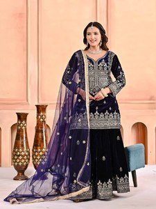 Women's Navy Blue Velvet Salwar Kameez With <b>Silver</b> Embroidery Traditional Indian Wedding Wear Ankle-Length Regular Fit - Product Image 2
