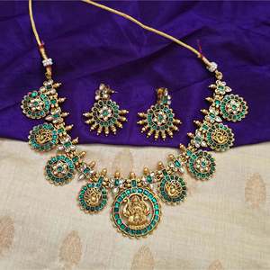 South Indian Green Lakshmi Coin Semi Bridal Necklace Set-Fine Jewelry - Product Image 1