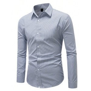 High Quality Low Price Plaid Men's Dress Shirt Turn-Down Collar Satin Quick Dry Anti-Wrinkle Smart Casual Full Sleeve 100% - Product Image 1