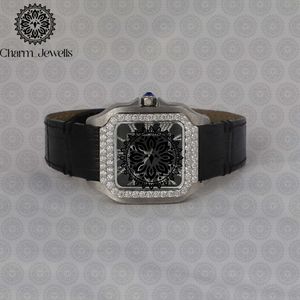 Montre carrée de luxe pour femme Charm_Jewells en acier inoxydable, mouvement à quartz analogique, verre saphir, lunette sertie de diamants, bracelet en cuir - Product Image 1