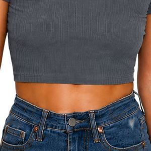 Charcoal Gray Ribbed Crop <b>Top</b> Women Short Sleeve Crew Neck Slim Fit Casual Knitted T Shirt Summer Fashion Stretch Cotton Spandex - Product Image 6