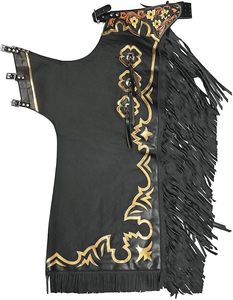 Pantalones de Montar a Caballo para Mujer, de Cuero Negro con Bordado Dorado y Cierre de Hebilla con Flecos - Product Image 1