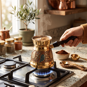 Handmade Brass <b>Turkish</b> Coffee <b>Pot</b> Floral Enamel Cezve Arabic Ibrik Greek Briki Stovetop Milk Warmer With Carved Dark Wood Handle - Product Image 3