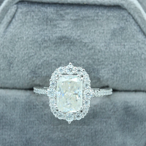 Emerald Cut Diamond Engagement <b>Ring</b> With Halo Pave Setting 925 Silver Plated Rhodium Finish Classic Women's Jewelry - Product Image 4
