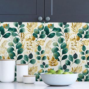 Carta da Parati Moderna Adesiva con Motivi Botanici in Stile Acquerello, Decorazione Murale Autoadesiva in Verde, Oro e Bianco con Piante e Foglie - Product Image 3