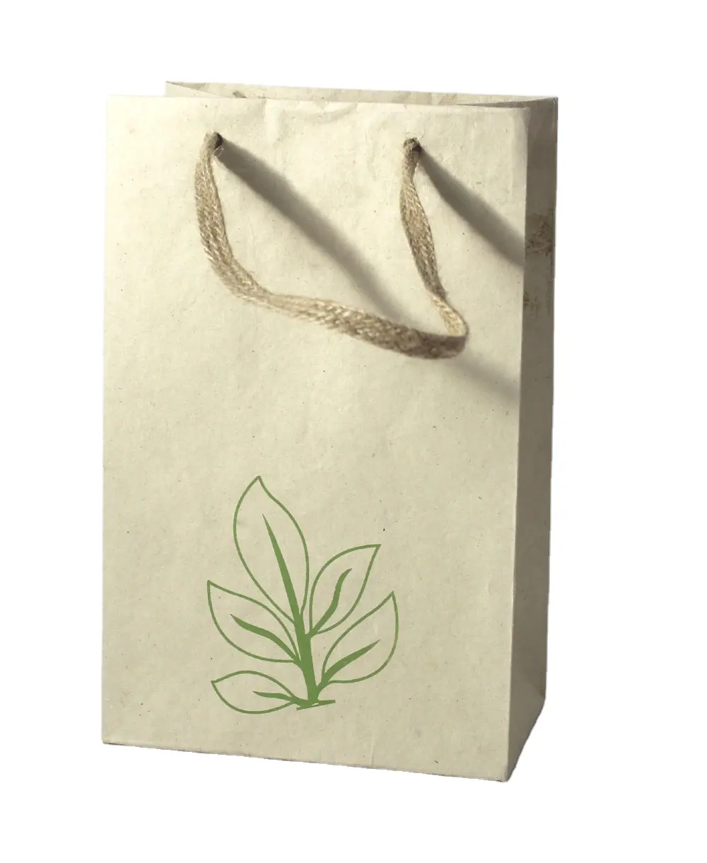 뜨거운 판매 수제 대마 종이 녹색 잎 인쇄 황마 리본 핸들 선물 포장 쇼핑 가방
