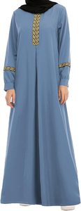 Women Blue Solid Color Cotton Breathable Abaya Long Sleeve Neck Floor Length Modest Dress Embroidery Details Plus Black Scarf - Product Image 2