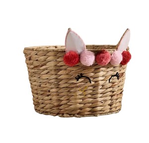 Cesta de Almacenamiento de Jacinto de Agua con Diseño de Cara de Conejo y Pompones, Organizador de Juguetes de Animales Tejido con Parte Superior Abierta, Decoración para Guardería - Product Image 3