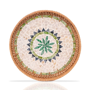 Plateau en rotin et nacre, motif floral, artisanat, plateau rond en rotin avec incrustation de nacre - Product Image 4