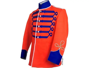 Veste rouge de style militaire pour homme, logo personnalisé, détails brodés bleus, col montant, manches longues, coupe régulière, polyester, toutes saisons - Product Image 1
