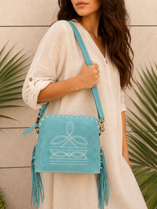 Suede Leather Western Style <b>Boot</b> Stich New Designer Fringe Bag Handbag Hot Sale turquoise color Bohemian Women Uses Handbag - Product Image 2