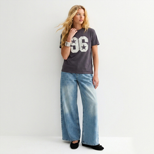 Camiseta de algodón gris para mujer, manga corta, cuello redondo, con pedrería, estampado 96, estilo casual - Product Image 5