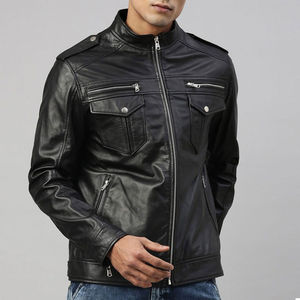 Chaqueta de Motociclista de Cuero Genuino para Hombre, Cuello Alto, Cierre de Cremallera, Color Sólido, para Otoño - Product Image 5