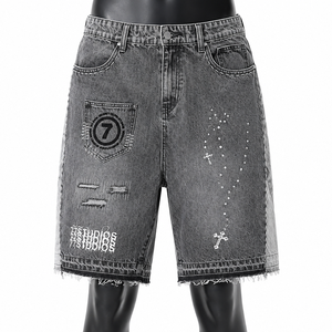 Pantalones Cortos de Mezclilla Gris Lavado con Diseño Gráfico para Hombre, Estilo Urbano, Fabricante de Jeans - Product Image 1