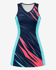 Vestido de Netball Personalizado en Azul Marino, Aqua y Coral, Sublimado, para Mujer, Sin Mangas, Cuello en V, Secado Rápido, Uniforme Deportivo de Alto Rendimiento - Product Image 1