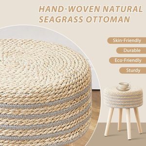 Natural Seagrass Ottoman Footstool with Solid Wood Legs Handwoven Hyacinth Footrest Step <b>Stool</b> <b>Garden</b> Sofas Pouf Ottomans - Product Image 5