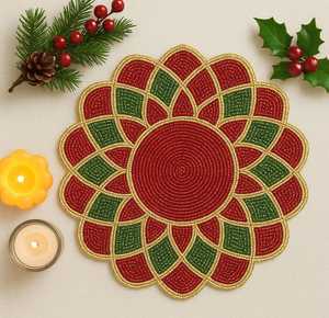 Handmade Flower Shape Fabric <b>Placemat</b> <b>Red</b> Green Beaded Christmas Design 450mm Diameter - Product Image 4
