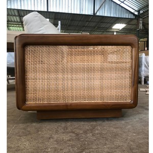 Sillón Moderno de Madera de Teca Maciza de 1 Plaza con Paneles de Ratán Tejidos a Mano y Asiento Acolchado para Sala de Estar de Hotel, Diseño Contemporáneo - Product Image 4