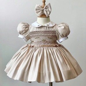 Hand Smock Light <b>pink</b> 100% Cotton Baby <b>Girls</b> <b>Dress</b> with Peter Pan Collar Cute Midi Length ODM Supply - Product Image 5
