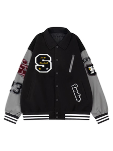 Chaqueta de béisbol universitaria de invierno para hombre, de poliéster/algodón, con cuello mandarín, bordada, con diseño de oso de peluche frontal, personalizada al por mayor - Product Image 1