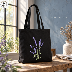 Black Canvas Tote <b>Bag</b> with Lavender Floral Print and <b>Long</b> Handles | Casual Women's Shopping Carry <b>Bag</b> for Daily Use and Travels - Product Image 4