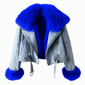 Blouson moto en jean noir pour femme avec col et poignets en fourrure de renard, fermeture éclair, coupe courte, pour l'hiver, doublure épaisse en fausse fourrure - Product Image 2