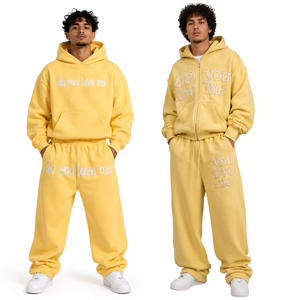 Wholesale Custom Distressed Embroidery Tracksuits Men Manufacturer Zipper Drop Shoulder Hoodie Baggy Sweatpants Jogger Set Mens - Product Image 4