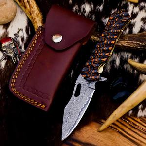 Couteau pliant en acier Damas avec verrouillage interne, manche en bois Pakka, étui de transport vertical, couteau de poche EDC pour la chasse et le camping, couteau personnalisé OEM - Product Image 1
