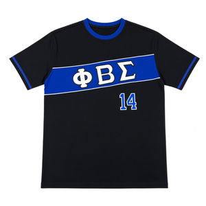 Camiseta de Manga Corta para Hombre, Color Azul Rey Oscuro, Cuello Redondo, con Bordado de Letras Griegas, Número 14, Fraternidad, Universidad, Casual - Product Image 3