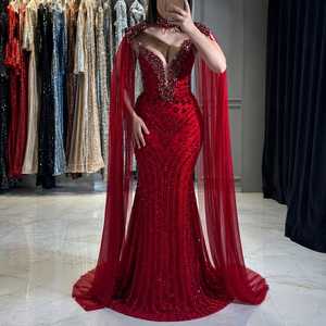 Robe de soirée sirène de luxe rouge en cristal pour femme, robe de bal de créateur à sequins, manches courtes, décolleté cœur, longueur ras du sol - Product Image 1