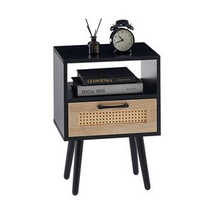 Comodino Moderno Nero da 40 cm con Cassetto e Gambe in Legno Massello, Tavolino Laterale in Rattan per Camera da Letto o Soggiorno - Product Image 6