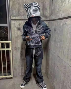 ชุดเซ็ตเสื้อฮู้ดดี้และกางเกงวอร์มขาบานปักลายปะติดแบบทำสีซีดสไตล์ OEM พร้อมประดับคริสตัล - Product Image 3