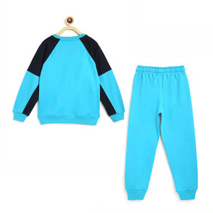 Boys Blue Cotton Fleece Tracksuit With Black And <b>White</b> <b>Panel</b> For Children - Product Image 6