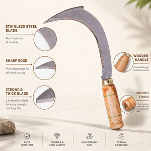 Premium Wooden Handle <b>Sickle</b> Stainless Steel Curved Blade Agricultural Grass Cutter Hand <b>Tool</b> for Farming Gardening Harvests Use - Product Image 2